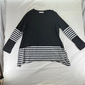 Xin Yi Long Sleeve Shirt Blouse Black White Striped Womens Size XL